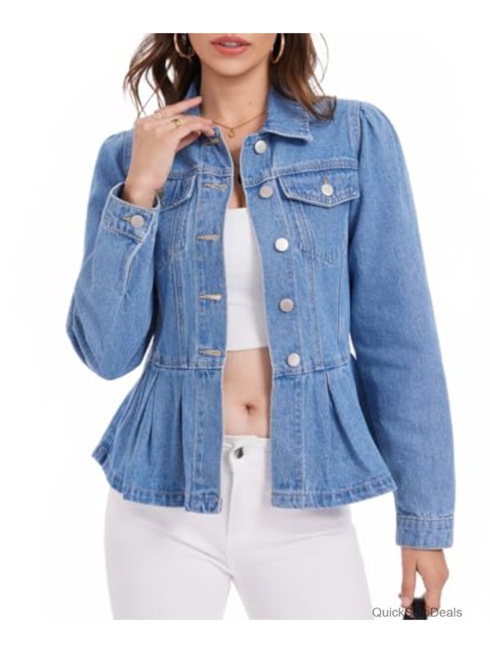 Women's Peplum Denim Jacket Puff Sleeve Button Down Jean Coat